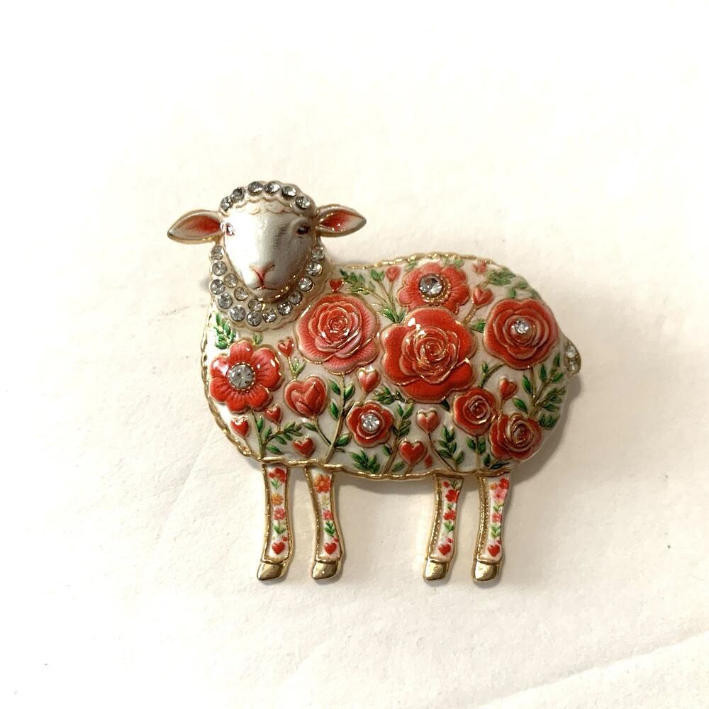 Rose Floral Sheep Brooch Enamel Rhinestone Gold Tone Lamb Animal Figural Pin